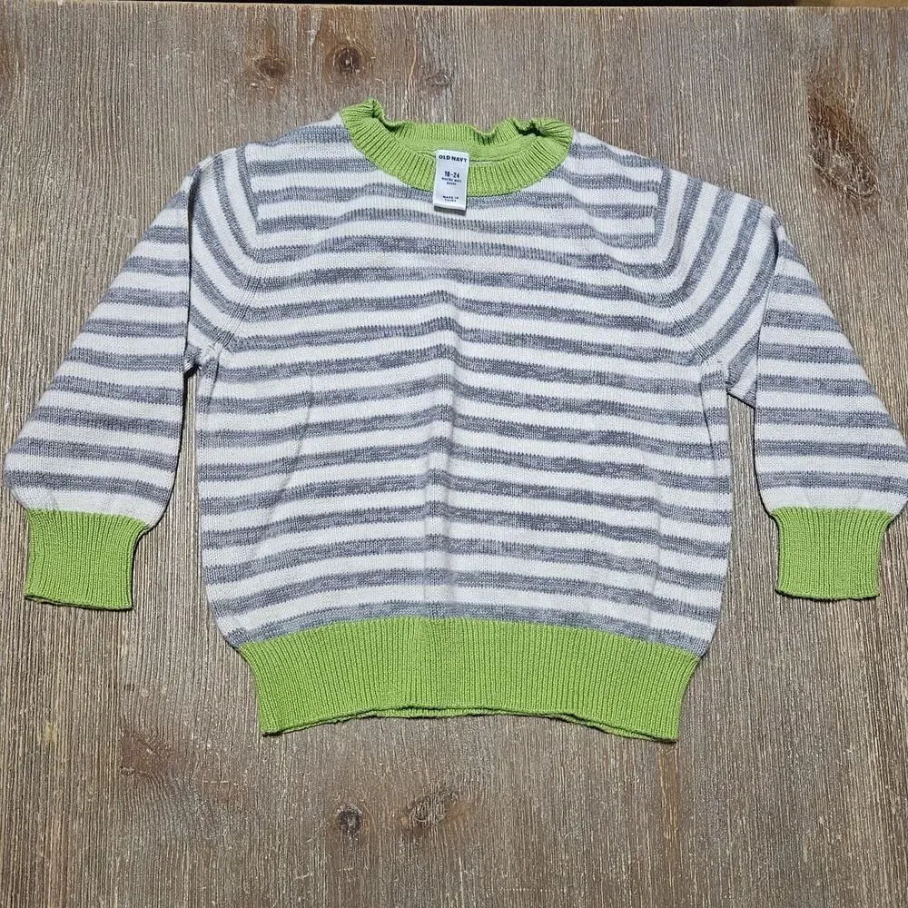 Old Navy Baby Sweater 18-24 Months Gray White Striped Green Trim Long Sleeve...